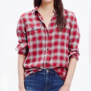 💎 Madewell Women's Top Ex-Boyfriend Shirt Fairfax Plaid Flannel Hi Lo #0252